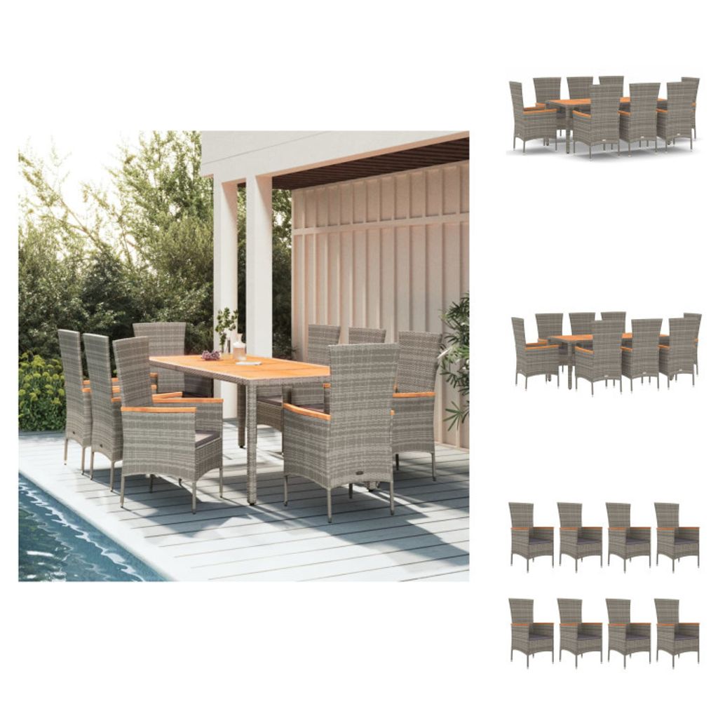 vidaXL 9-tlg. Garten-Essgruppe mit Kissen Grau Poly Rattan - Gartenstühle