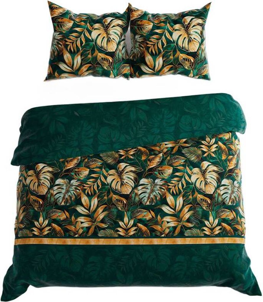 A bedding set with a tropical leaf pattern.