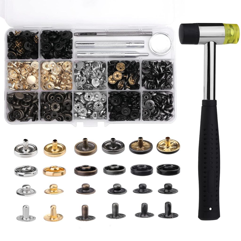 120 Sets Druckknöpfe, 10 mm Metall-Druckknöpfe mit Gummihammer und komplettem Montageset, 6 Farben Leder-Druckknöpfe für Näh- und Lederbearbei...