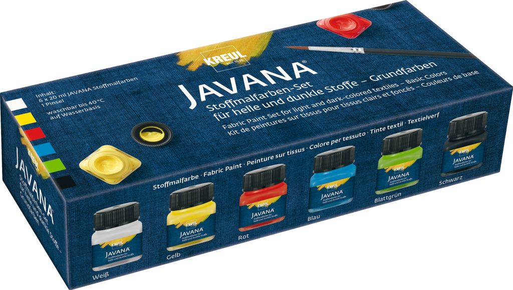 A product box for fabric paints, showing the packaging and the paint bottles inside.