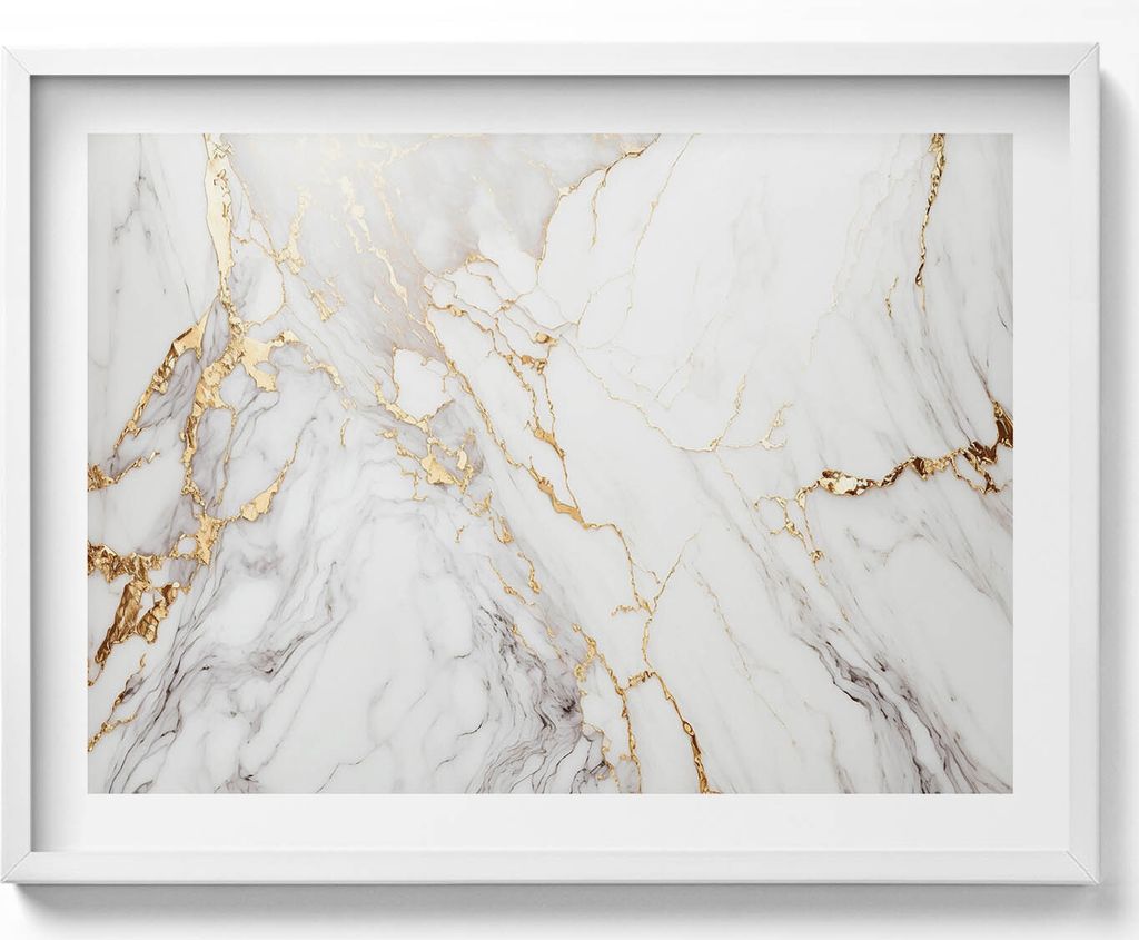 Heller Marmor mit Gold– Wandbild mit Rahmen – Gerahmtes Bild – Wanddekoration – 80x60 cm – Weiß Rahmen