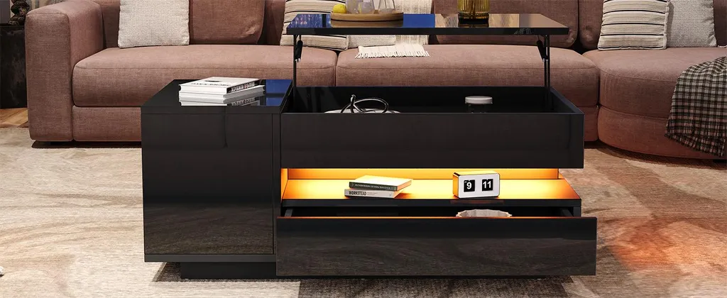 Table Basse Haute Brillance Relevable avec LED et Coffre de Rangement - 7