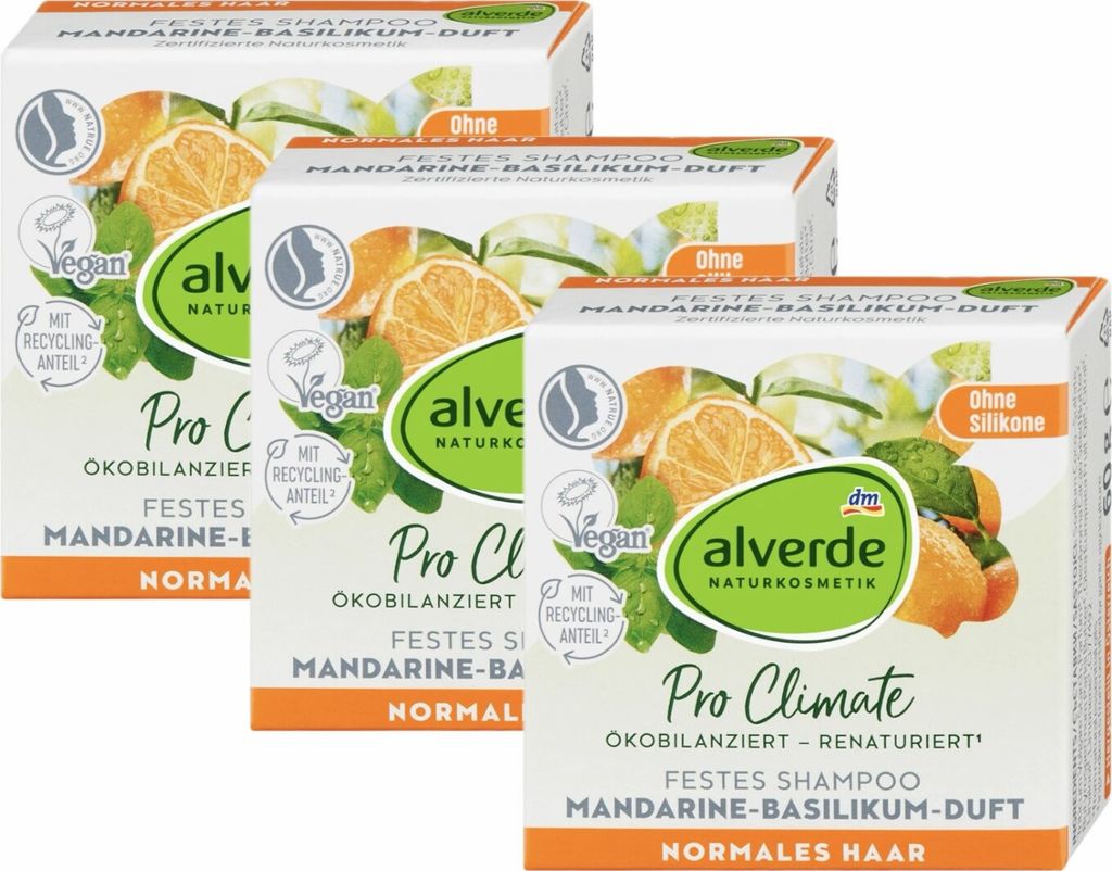 3 x alverde Naturkosmetik - Festes Shampoo mit Mandarine-Basilikum-Duft (3 x 60 g)