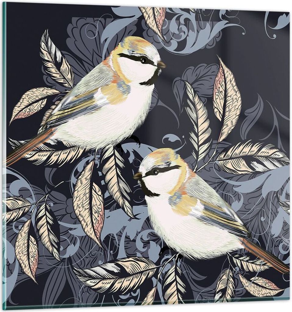 Bilder auf glas - Einteilig - Vögel Blätter Ornament - 40x40cm - Glasbilder - Wandbilder - Bilder - zum Aufhängen bereit - Wanddekoration aus Gl...