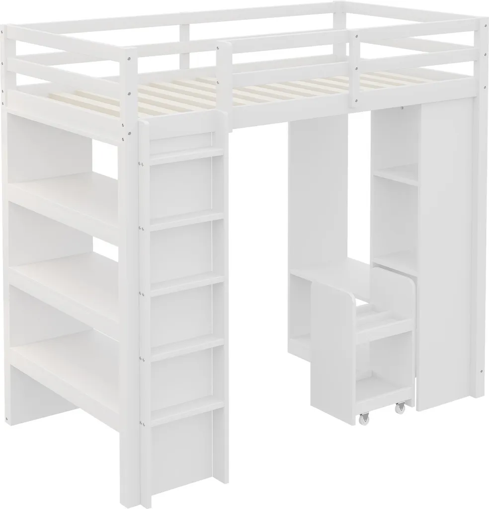 Lit superposé 90x200cm blanc avec penderie latérale et étagère de rangement - 11