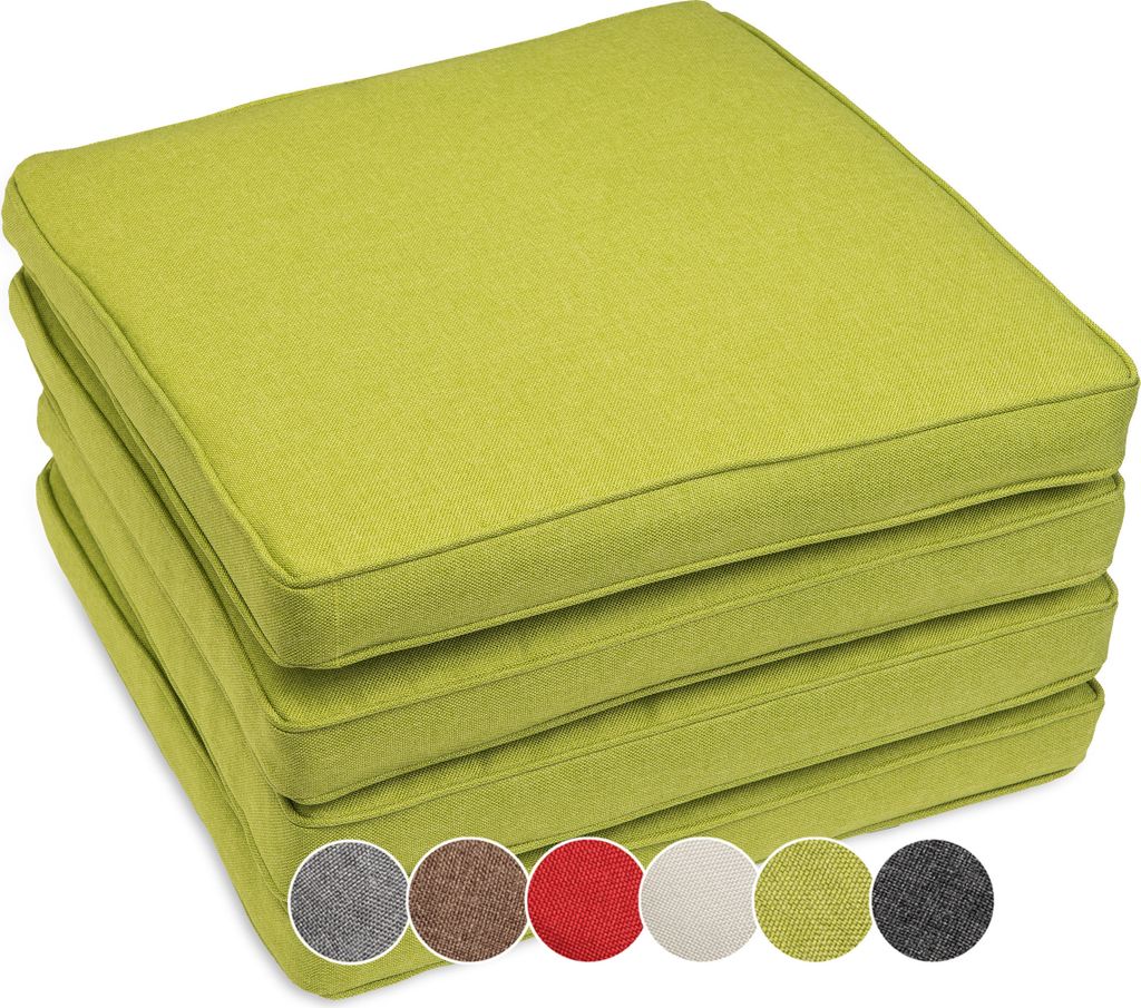 A stack of four lime green seat cushions on a white background, with a row of colored circles at the bottom showing alternative color options.