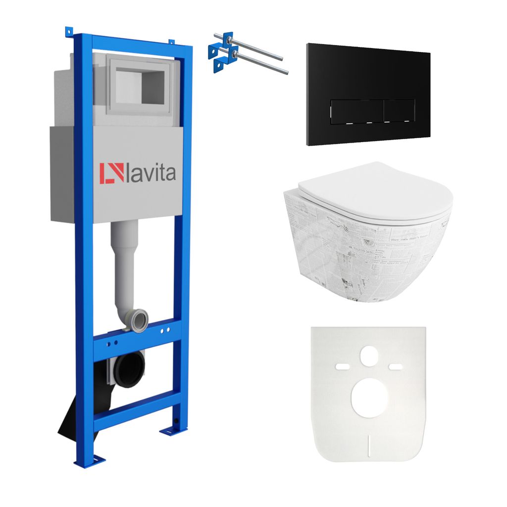 Lavita LAV 101 Vorwandelement für WC 40cm + Wand Hänge Tiefspül WC SOFI SLIM PAPER Weiß Spülrandlos + Bedienplatte LAV 200.3.4 Schwarz | Kompl...