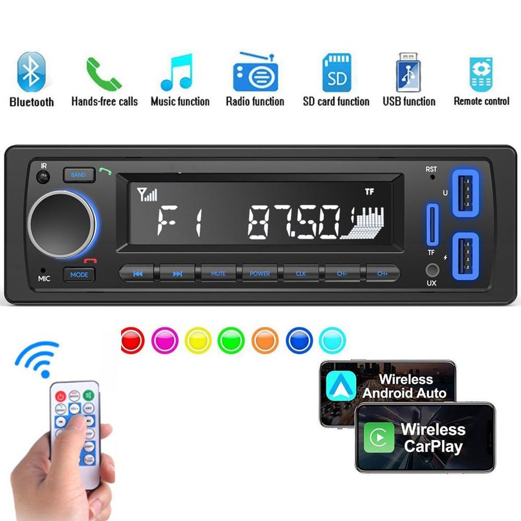 Autoradio Auto - 1 DIN Bluetooth 5.0, AUX-Funktion, MP3-Player und x2 USB, FM, Freisprechfunktion, 7 Farben, Fernbedienung