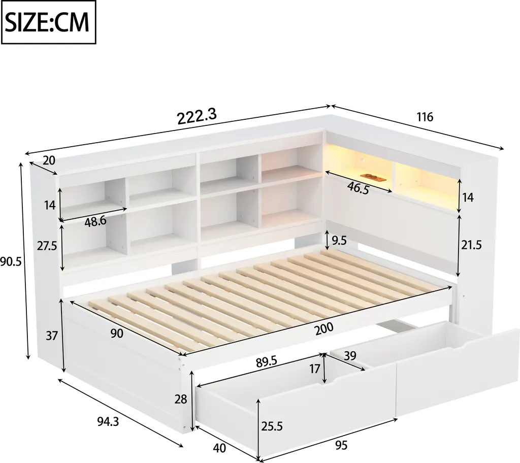 Lit Simple 90x200cm avec Éclairage LED et Ports de Charge USB Blanc - 6