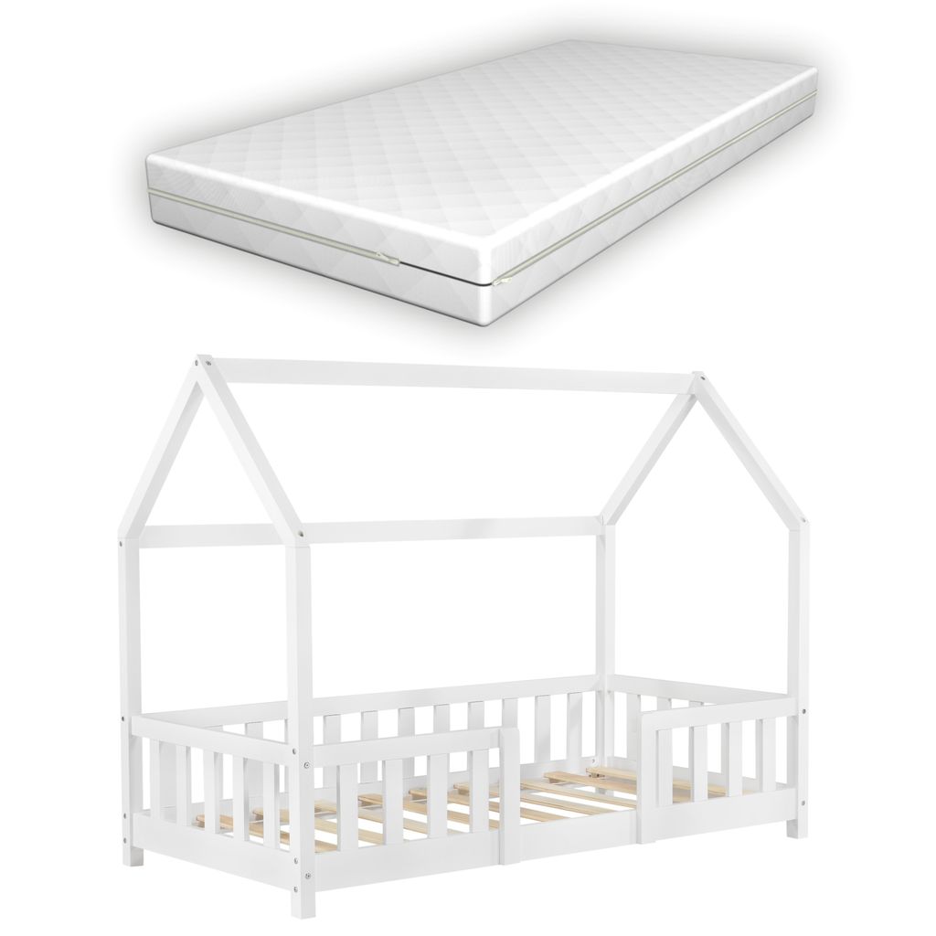 Matratze 80x160cm Haus Holz Weiß Bettenhaus Bett Kinderbett mit Rausfallschutz 