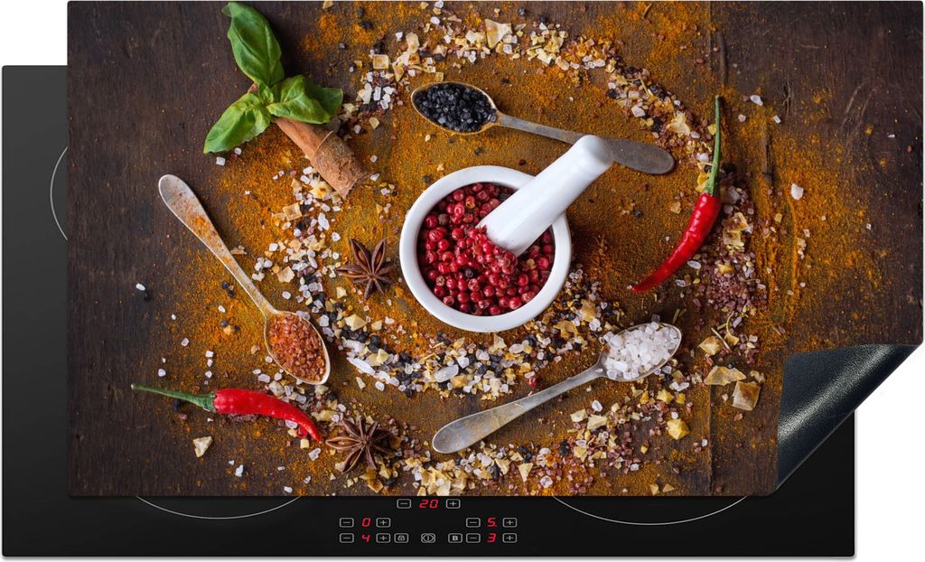 KitchenYeah Herdabdeckplatte Mörser - Kräuter - Löffel - Gewürze - Braun - Pfeffer , 91x52cm, Küche Deko, Glaskeramikkochfeld Herdabdeckung,...