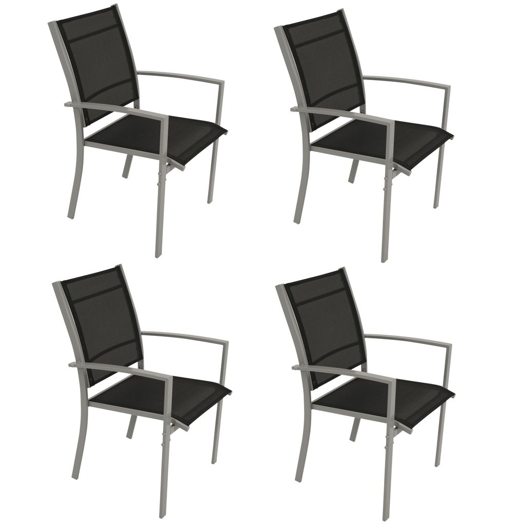 Four identical black and gray outdoor chairs are arranged in a two-by-two grid against a white background.