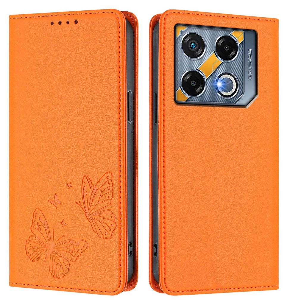 Lederhülle für Infinix GT 20 Pro 5G, Schmetterling Prägung Leder Brieftasche Schutzhülle mit Ständer Orange