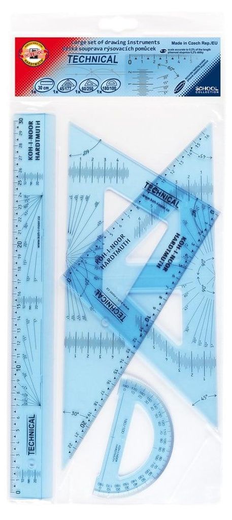 Geometrie- Set Groß / 30 cm Lineal 4 Teile " TECHNICAL " , Transparent Blau