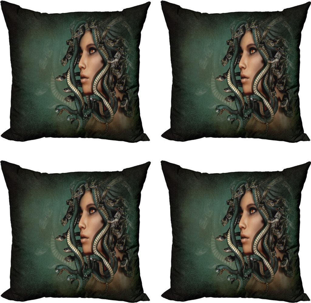 ABAKUHAUS Mythologisch Kissenbezug Set (4 Stück), Frau Snakes, Moderner Doppelseitiger Digitaldruck, 40 cm x 40 cm, Grün und Tan