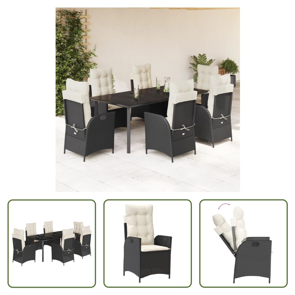 The Living Store 7-tlg. Garten-Essgruppe mit Kissen Schwarz Poly Rattan
