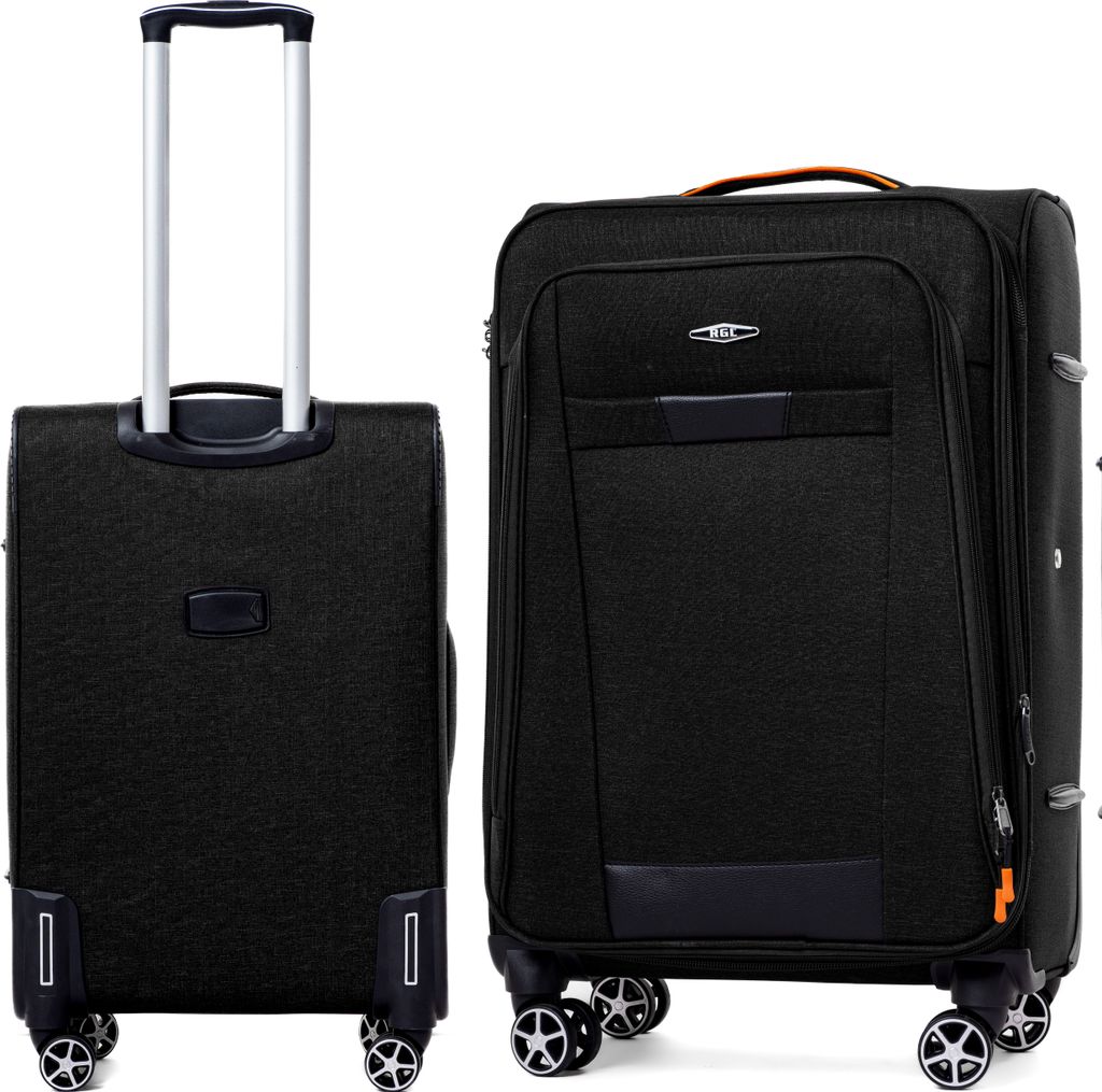 Two black suitcases are shown side-by-side against a white background. The suitcase on the left is upright with its handle extended. The suitcase on the right is also upright and appears slightly larger.