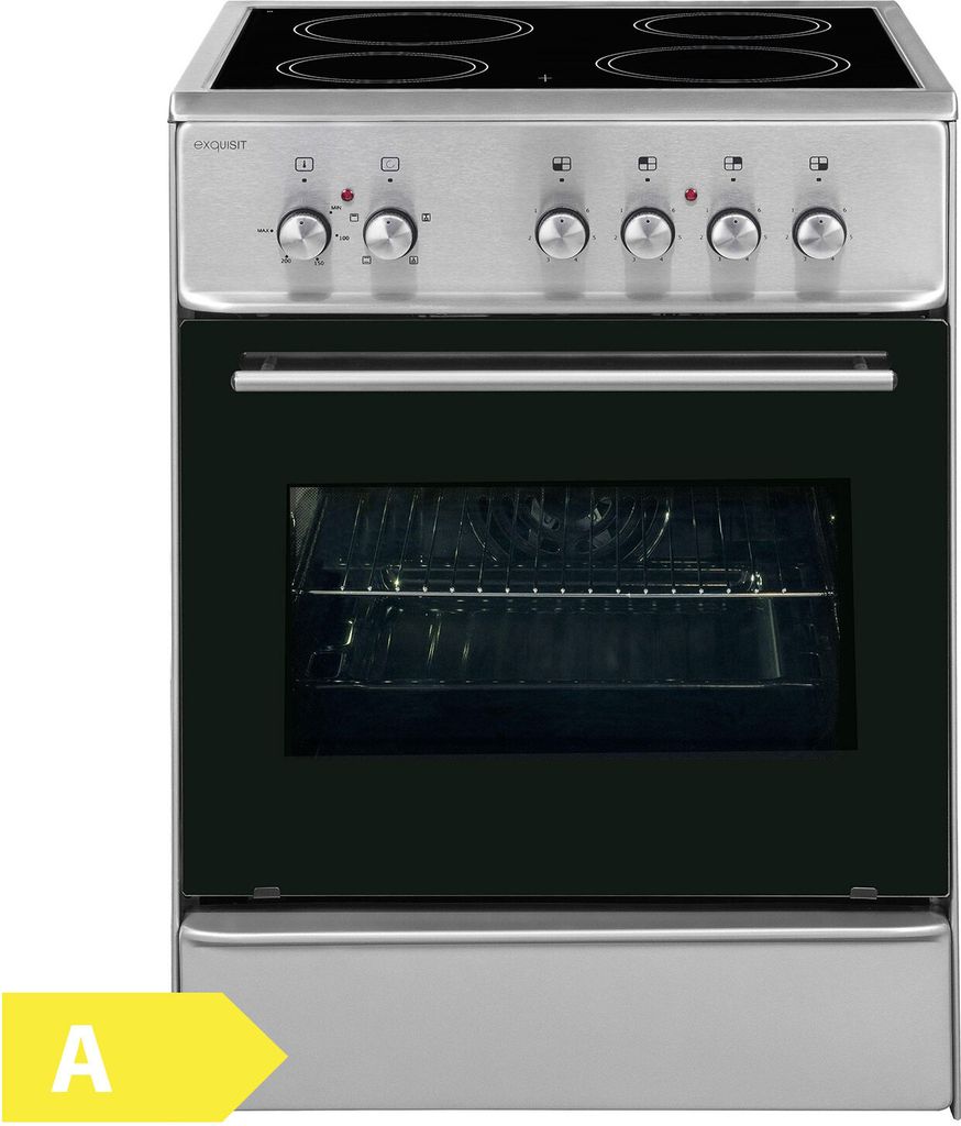 A freestanding electric oven with a ceramic hob and oven cavity.