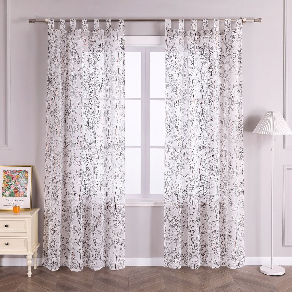 Joyswahl Vorhang mit Schlaufen Voile Gardine mit glänzendem Zweigdruck Transparent Schlafzimmer Wohnzimmer HxB 245x140 cm Braun 1 Stück