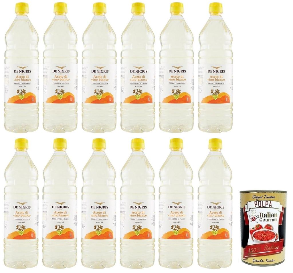 12x De Nigris Aceto di Vino Bianco, Weißweinessig 1Lt PET-Flasche + e Italian Gourmet Polpa 400g
