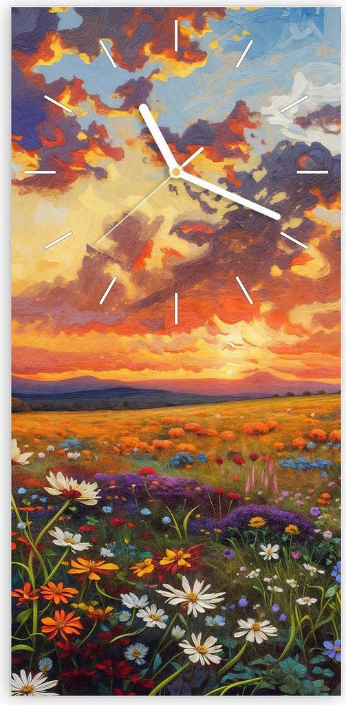 Wanduhr aus Glas mit Motiv Blumenwiese Sonnenuntergang- 30 x 60 cm - inkl. Aufhängesystem