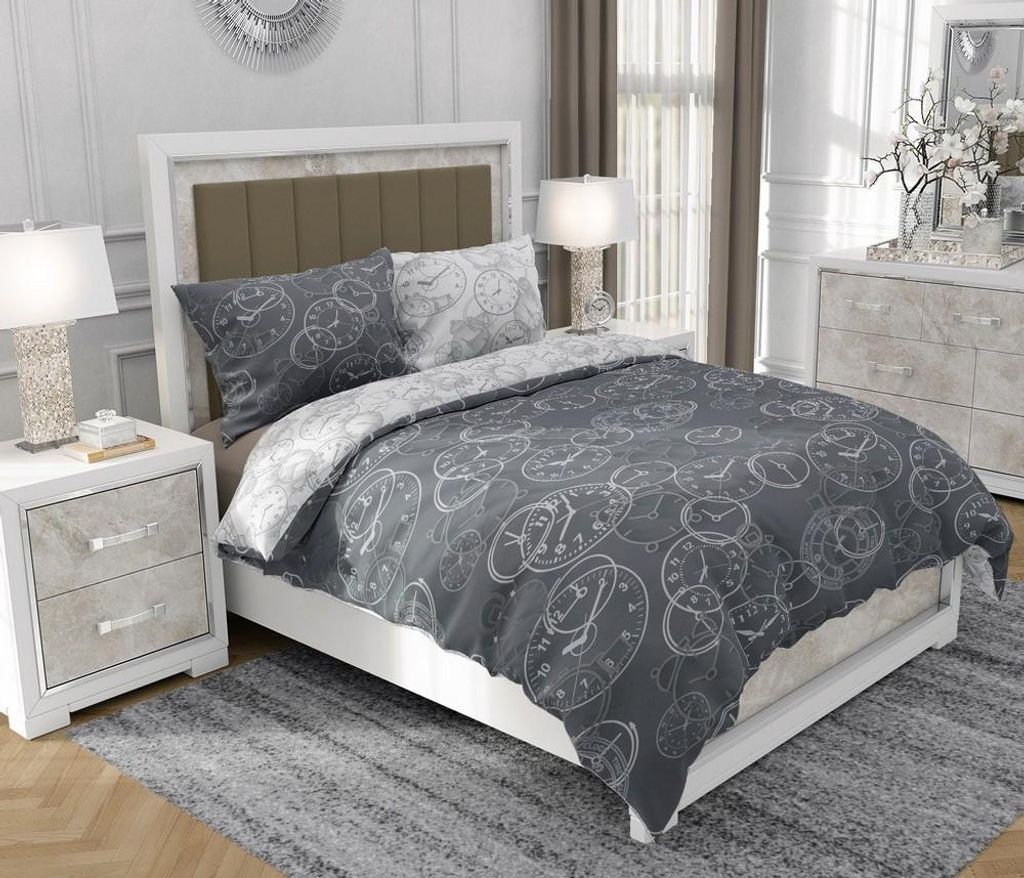 Bettwäsche 140x200 cm + 2x70x80 cm, 3-teilig, 100% Baumwolle, Satin, Reißverschluss, Uhr, Grau - SOVIO | So.9041