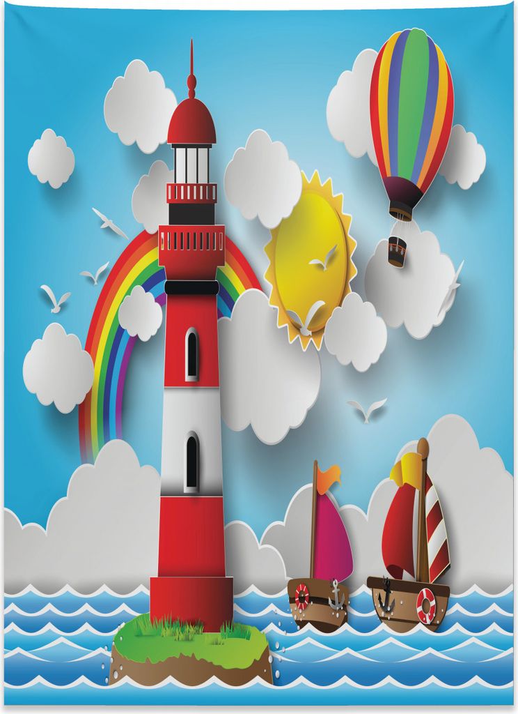 Abakuhaus Vintage Boat Wandteppich, Kinder Küste Cartoon aus Weiches Mikrofaser Stoff Kein Verblassen Klare Farben Waschbar, 110 x 150 cm, Mehrfarbig