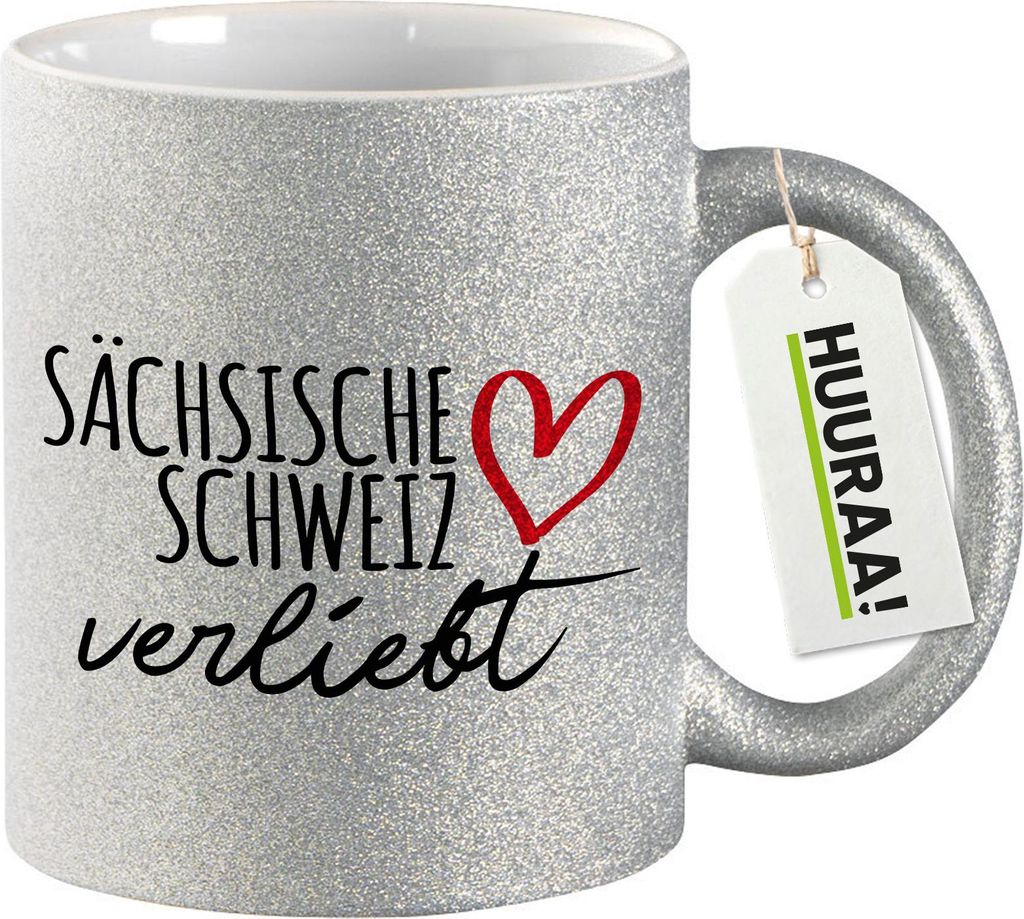 Huuraa Glitzertasse Sächsische Schweiz verliebt 330ml Silber Keramik Kaffeebecher Geschenkidee