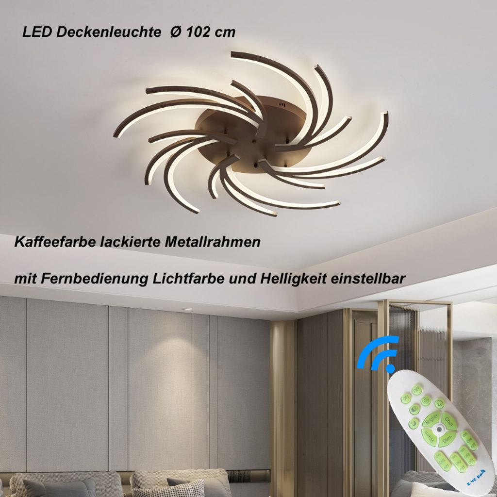 LED Deckenleuchte 2042K-5 Ø 102cm mit Fernbedienung Lichtfarbe/ Helligkeit einstellbar weißer Acryl-Schirm kaffefarbe lackierte Metallrahmen