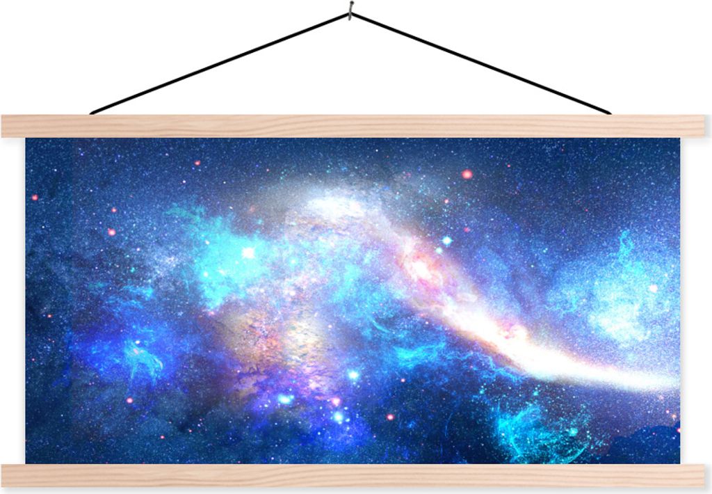 MuchoWow Textilposter Blau - Weltraum - Sterne 60x30 cm mit holzfarbenen Rahmen - Dekoration