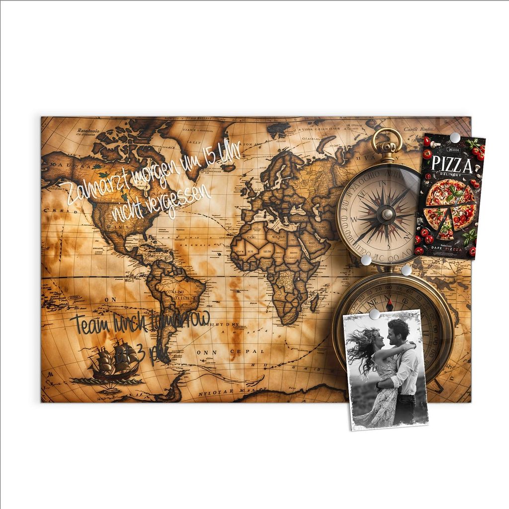 Magnettafel 60x40cm Pinnwand Whiteboard beschreibbar - Vintage Weltkarte Kompass