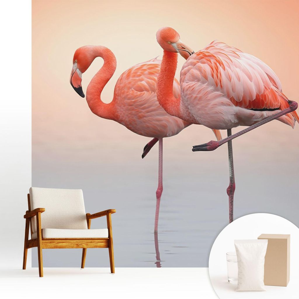 Fototapete - 250x250 cm - Tapete - Wandtapete - Wandbilder - Dekofolie - Tapete Folie - Wand - Dekoration - Wohnzimmer - Zarte Flamingos