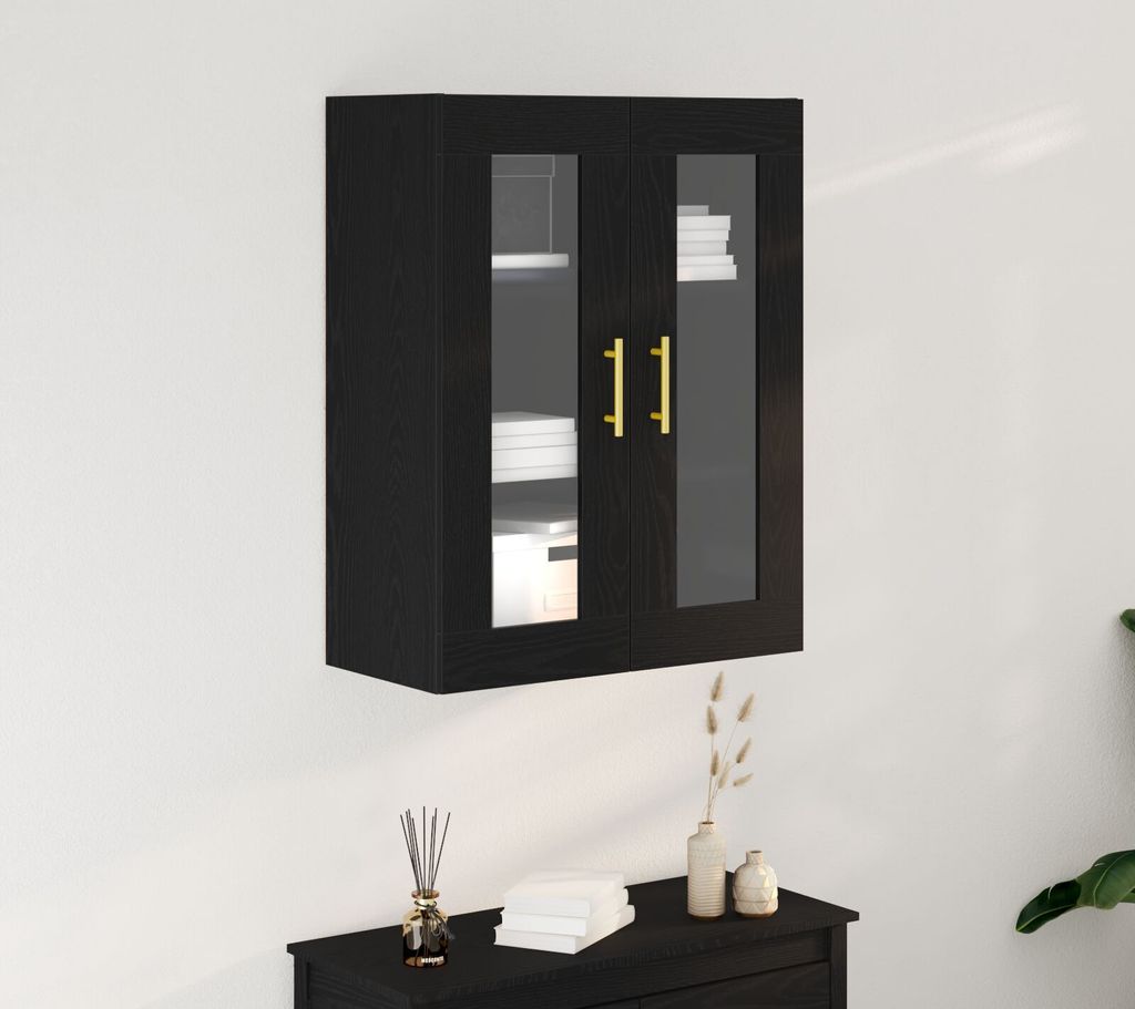 Möbel Wandschrank mit Glastüren Schwarz Eiche 69,5x34x90 cm - Kommoden 862167