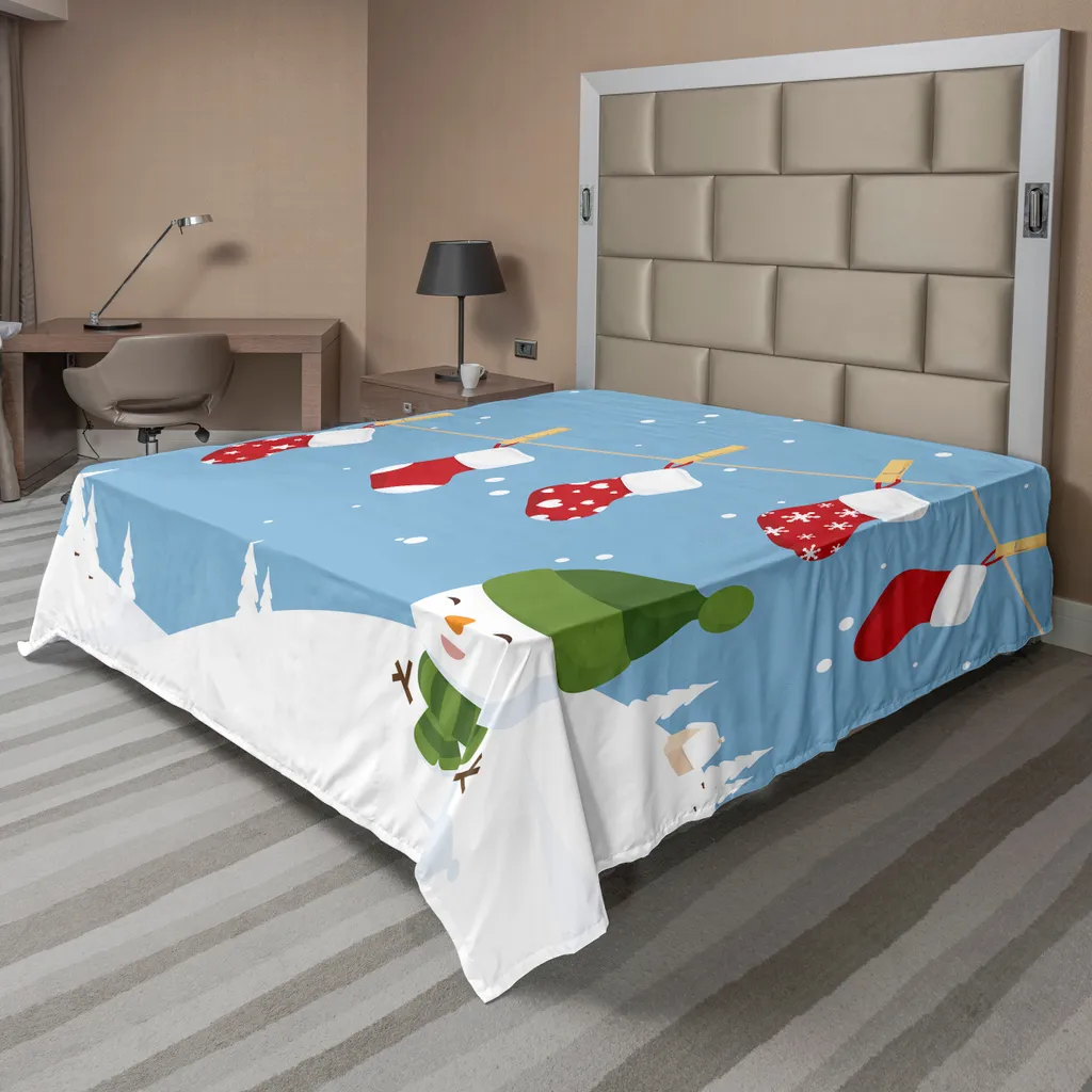 Drap Housse de Noël Doux 275x260 cm pour Lit Enfant Blanc et Bleu ABA