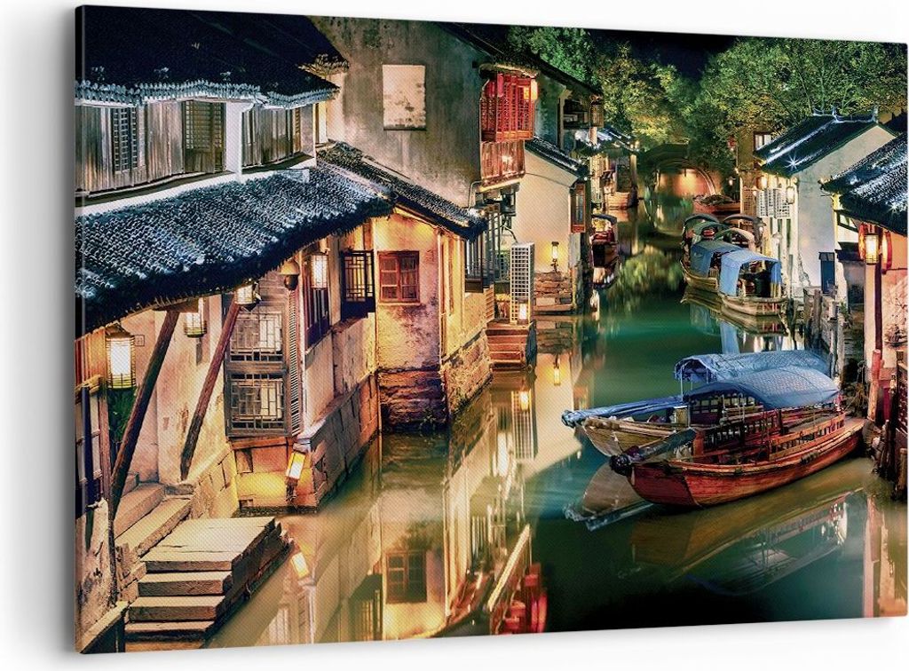 Bild auf Leinwand - Leinwandbild - Einteilig - Chinesisch Stadt Nacht - 100x70cm - Wand Bild - Wanddeko - Wandbilder - Leinwanddruck - Bilder - Wan...