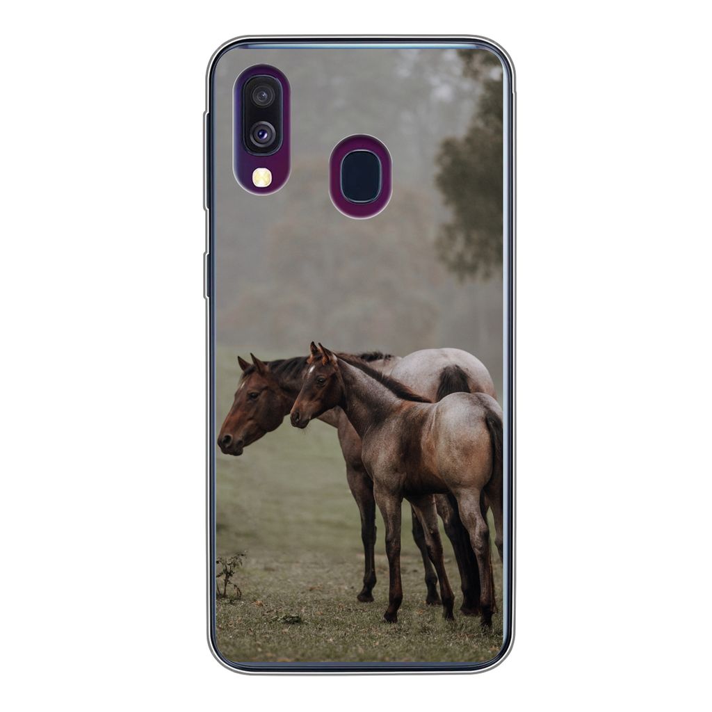 MuchoWow Handyhülle Schutzhülle Hülle für Samsung Galaxy A40 Pferde - Natur - Nebel Silikon Softcase Handy Hülle - Handy-Tasche