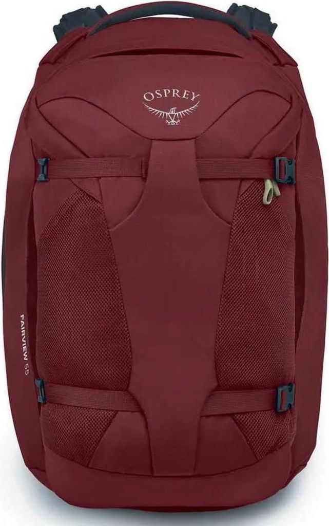 A front view of a red Osprey travel backpack.