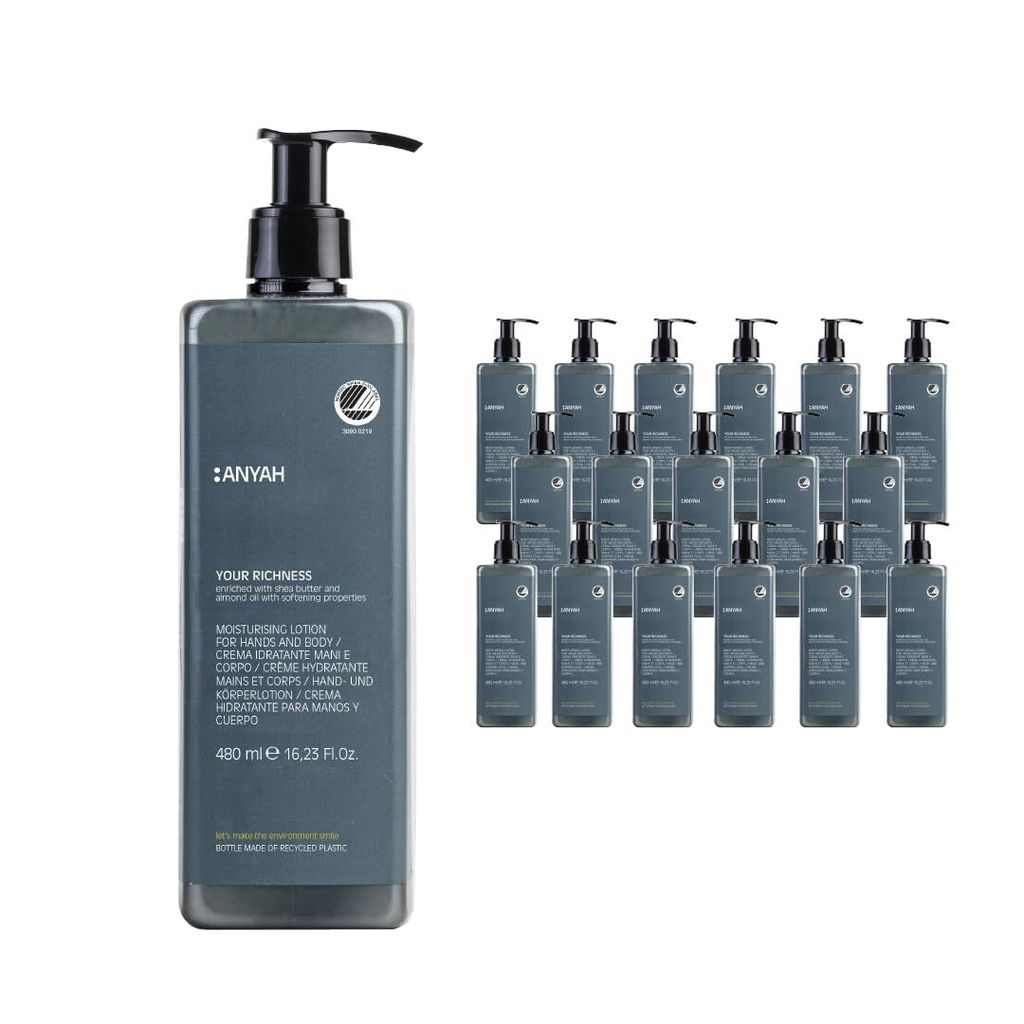 ANYAH Bodylotion 18 × 480 ml – vegan, für trockene Haut, natürlichen Inhaltsstoffen, Ecolabel - nicht nachfüllbar