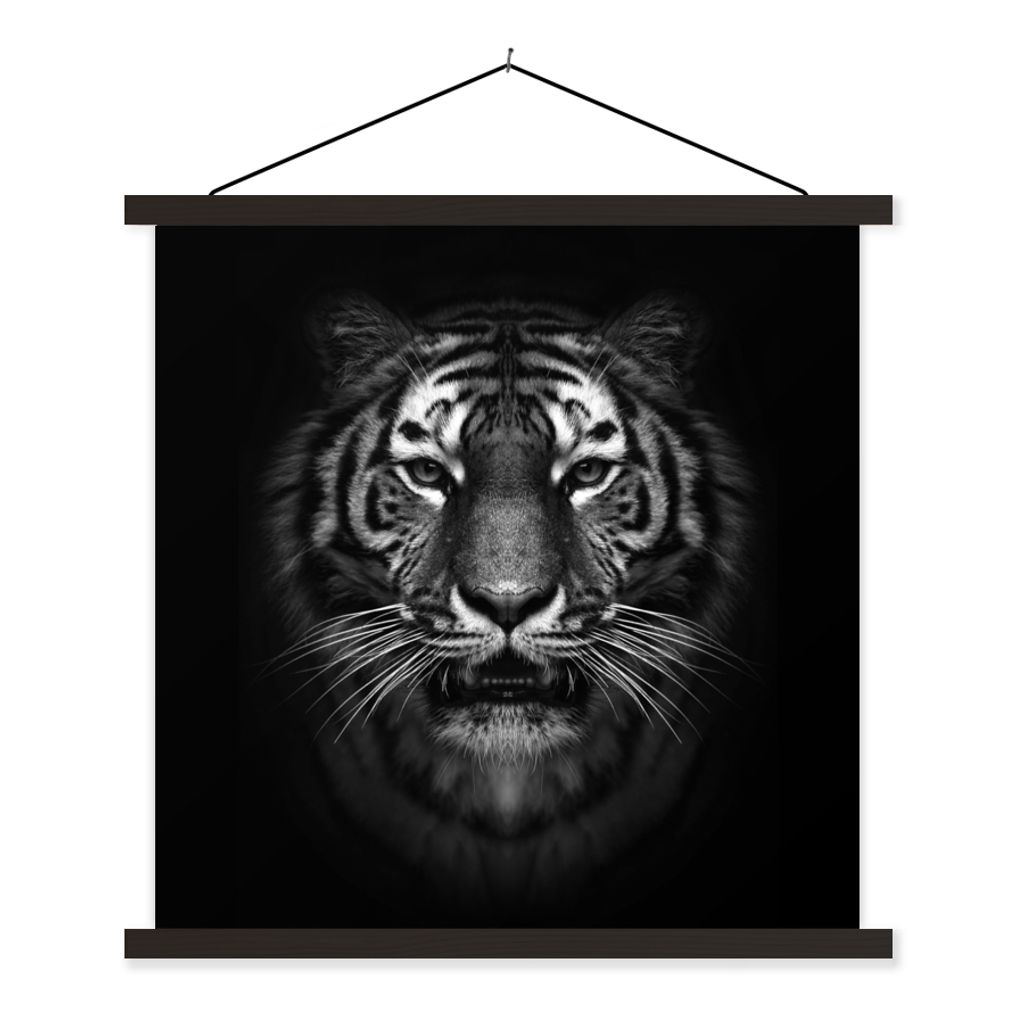 MuchoWow Textilposter Tiger - Tiere - Schwarz - Weiß - Porträt - Wild 60x60 cm mit schwarzem Rahmen - Posteraufhänger