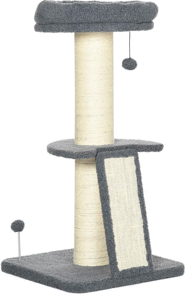 Kratzbaum 92H Cm Kletterbaum Mit Kratzbrett & Spielball, Dicke Sisalsäule, Lammfell-Imitat, Dunkelgrau+Cremeweiß