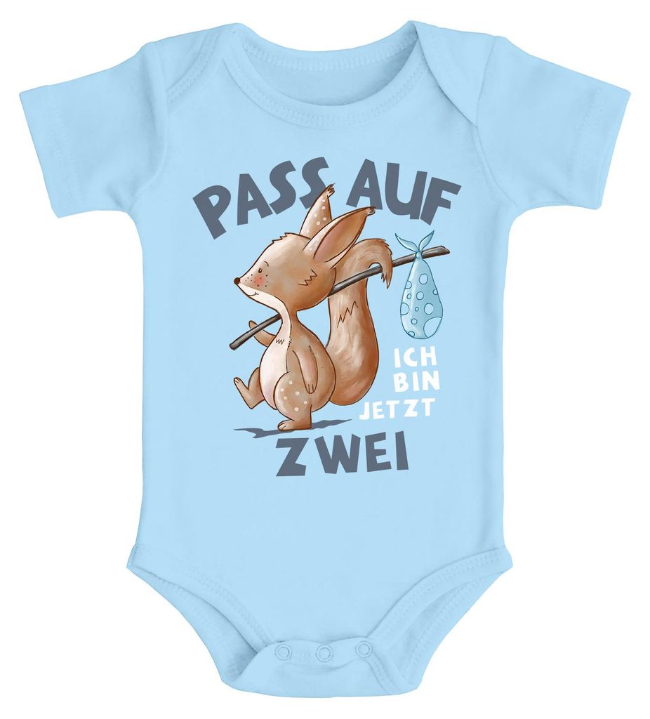 Babybody mit Spruch zum Geburtstag Ich bin jetzt Eins | Zwei | Drei Eichhörnchen Tiere kurzarm Body Baumwolle Moonworks 2 Jahre hellblau 12-18 M...
