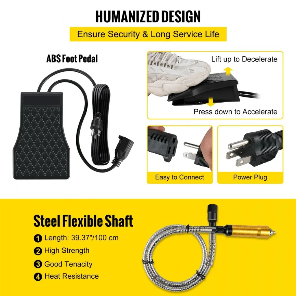 Utensile rotante elettrico Flex Shaft shaft suspension - Smerigliatrice ad alta velocità ad alte prestazioni da 780 W - Albero flessibile per precisione e flessibilità - Lunghezza dell'albero della smerigliatrice a sospensione 100 cm - Comando a pedale 500-23000 giri/min - Mandrino a tre griffe incluso - Set di accessori da 45 pezzi. - 5