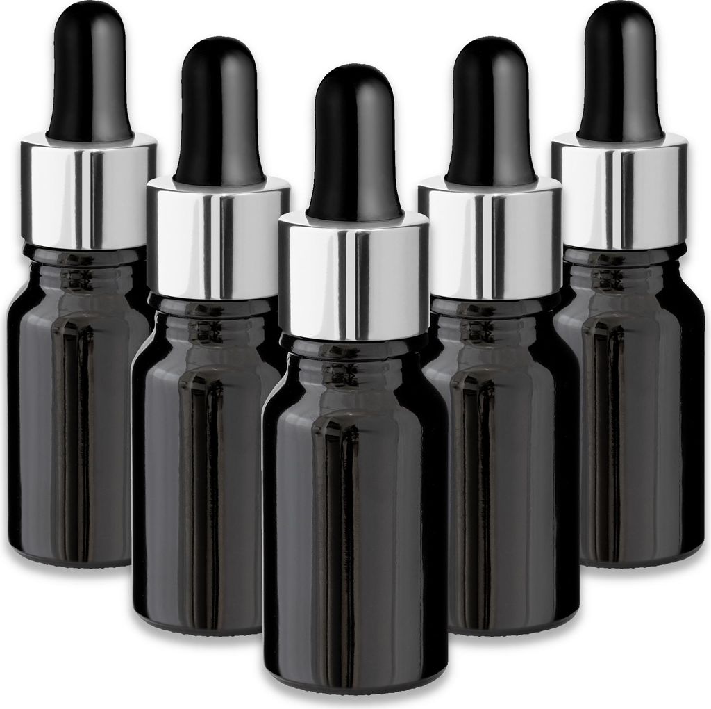 5x Schwarze Glasflasche 10 ml mit silberner Aluminium-Pipette Tropfen