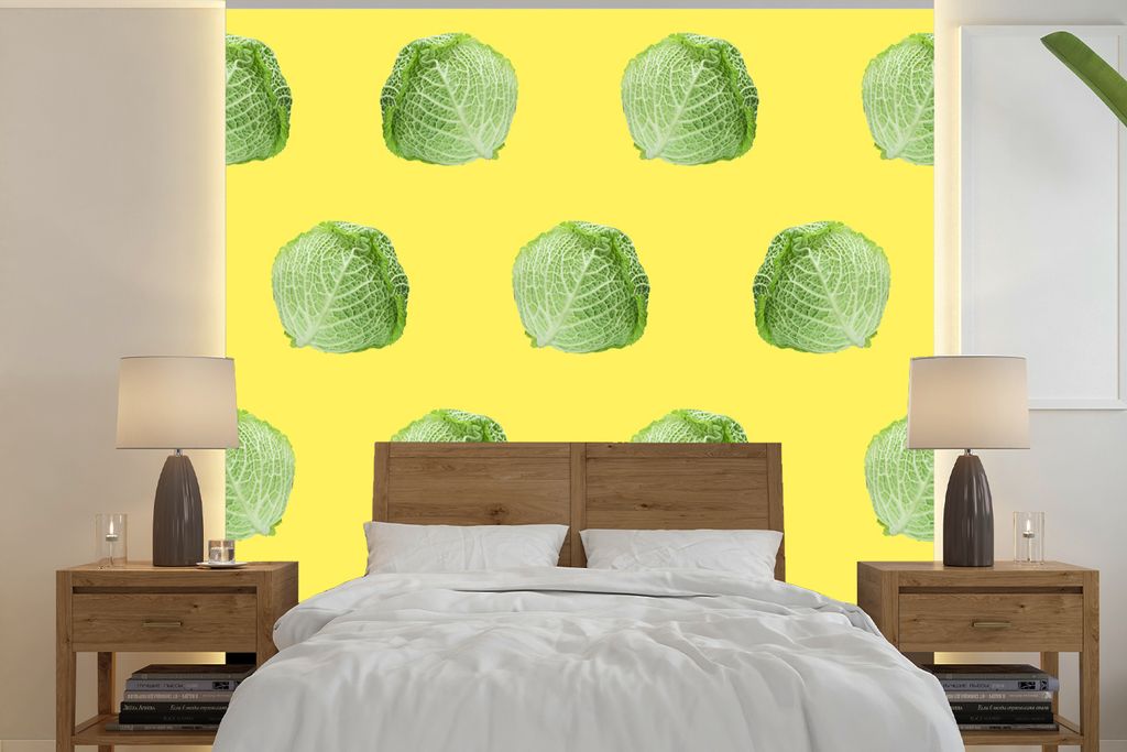 MuchoWow Fototapete für Wohnzimmer oder Schlafzimmer Wandtapete Vinyl Motivtapete Kopfsalat - Gemüse - Muster - Gelb - 240x240 cm - Schlafzimme...