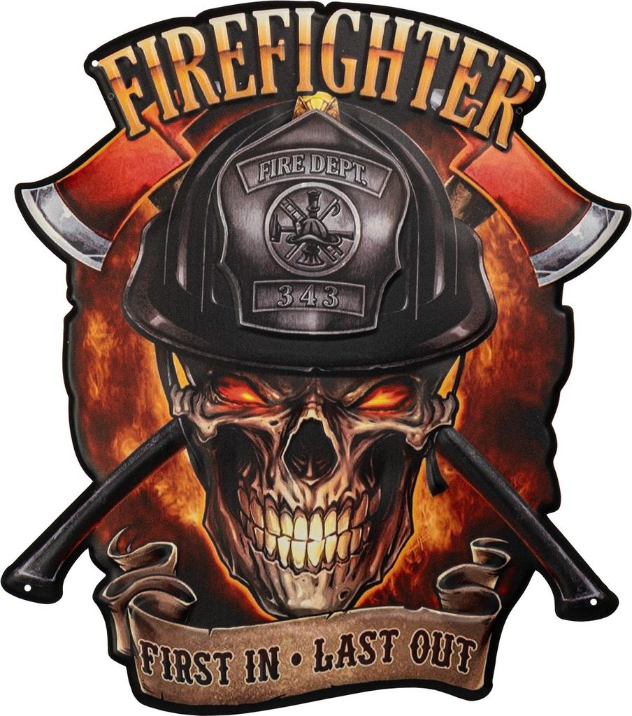 Moritz Blechschild 43 x 50 cm Feuerwehr Firefighter Totenkopf Fire Deptartment Deko Metallschild Retro Vintage Retro Sprüche lustig