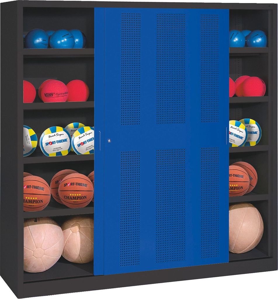 C+P Ballschrank mit Lochblech-Schiebetüren (Typ 4), HxBxT: 195x120x60 cm, Enzianblau (RAL 5010), Anthrazit (RAL 7021), Gleichschließung