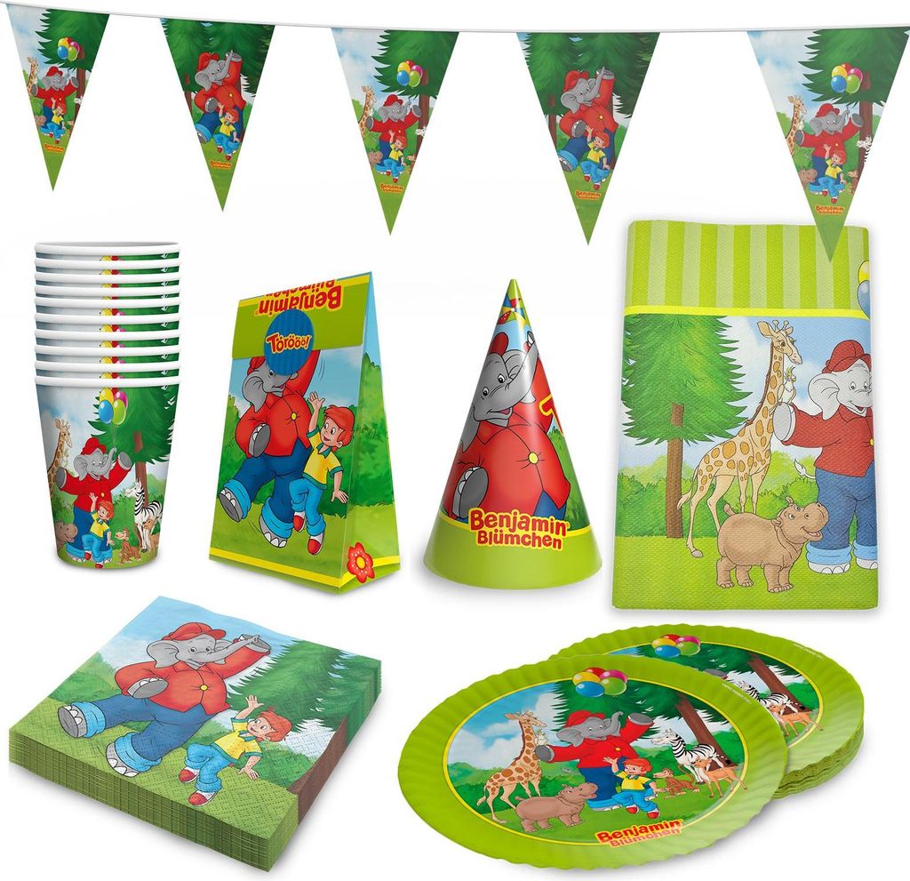 Benjamin Blümchen Partyset 62-tlg, Geschirr, Servietten, Deko, Partyhüte & Tüten