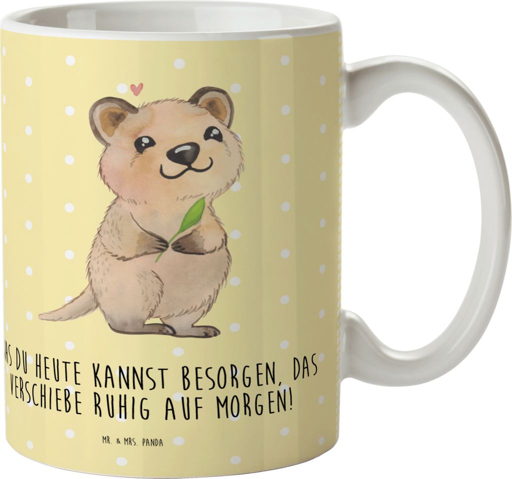 Mr. & Mrs. Panda Plastikbecher Quokka Happy - Gelb Pastell - Geschenk, Verschieben, Schulkind Tasse, Aufschieberitis, Trinklernbecher, Kindertasse,...
