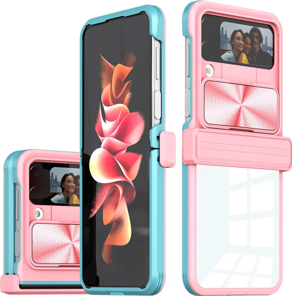 Custodia per Samsung Galaxy Z Flip 4 Custodia ibrida trasparente in TPU con copertura fotocamera scorrevole Rosa