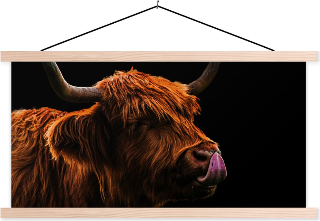 MuchoWow Textilposter Schottisches Hochlandrind - Zunge - Nase 60x30 cm mit holzfarbenen Rahmen - Dekoration